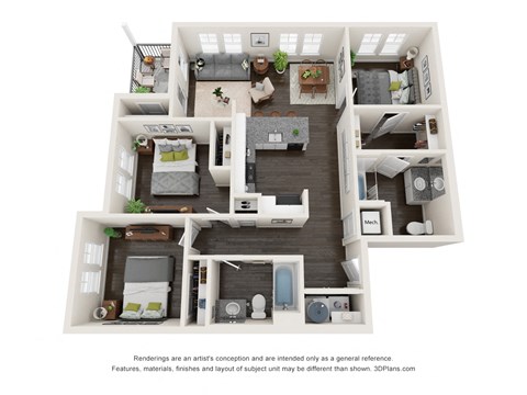 Floor plan for 3 beds, 2 baths, 1116 sqft